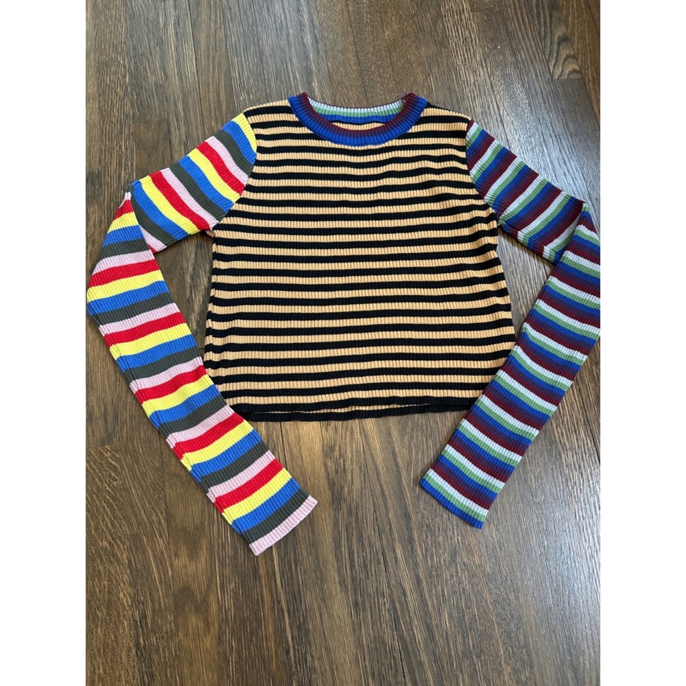 Multi Color Striped Ribbed Knit Long Sleeve Cropped Top Crew Neck Mismatched